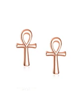 Bling Jewelry Minimalist Petite Delicate Religious Symbol of Life Egyptian Ankh Cross Stud Earrings For Women Rose Gold 2.5 Microns Vermeil Sterling S