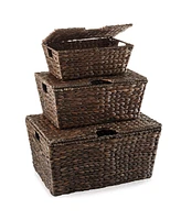 Casafield Set of 3 Water Hyacinth Storage Baskets (Small/Medium/Large), Multipurpose Organizer Totes with Tapered Bottoms and Removable Lids