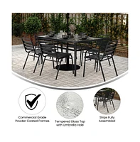 Merrick Lane Laney Piece Outdoor Dining Set With Tempered Glass Patio Table, Stackable Metal Slat Chairs