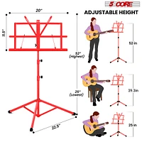 5 Core Sheet Music Stand Red; Portable Foldable Music Note Holder; Height Adjustable Tripod Stands - Mus Fld Red