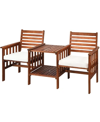 Gymax Acacia Wood Loveseat Patio Outdoor Conversation Set w/ Table Cushion