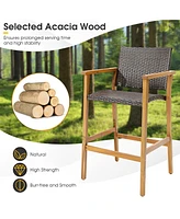 Sugift Set of 2 Pe Wicker Patio Bar Chairs with Acacia Wood Armrests