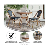 Merrick Lane Sacha Bistro Style Table With Glass Top, Pe Rattan, 2 Stack Chairs, And Bamboo Finished Metal Frame For Indoor/Outdoor Use
