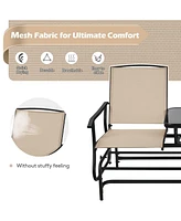 Sugift 2-Person Double Rocking Loveseat with Mesh Fabric and Center Tempered Glass Table