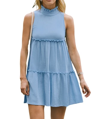 Cupshe Women's Baby Blue Ruffle Collar Sleeveless Mini Beach Dress