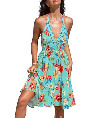 Cupshe Women's Tropical Floral Plunging Halterneck Midi Beach Dress