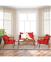 Sugift 4 Pieces Acacia Wood Patio Rattan Furniture Set with Cushions