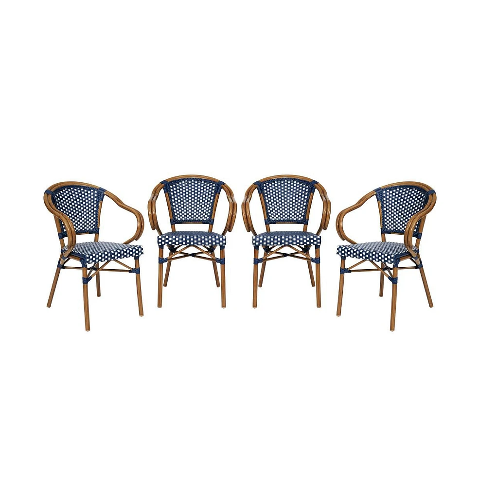 Merrick Lane Sacha Set Of Four Stacking Thonet Bistro Style Chair With Arms, Pe Rattan Seat, And Bamboo Metal Frame For Indoor/Outdoor Use