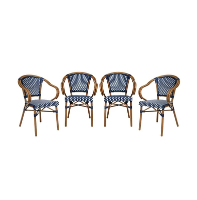 Merrick Lane Sacha Set Of Four Stacking Thonet Bistro Style Chair With Arms, Pe Rattan Seat, And Bamboo Metal Frame For Indoor/Outdoor Use