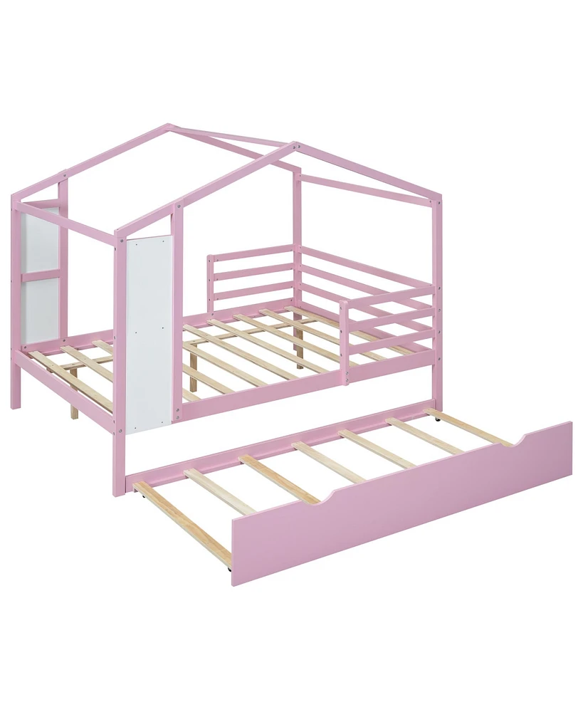 Simplie Fun Full Size Wood House Bed With Fence And Writing Board, Pink