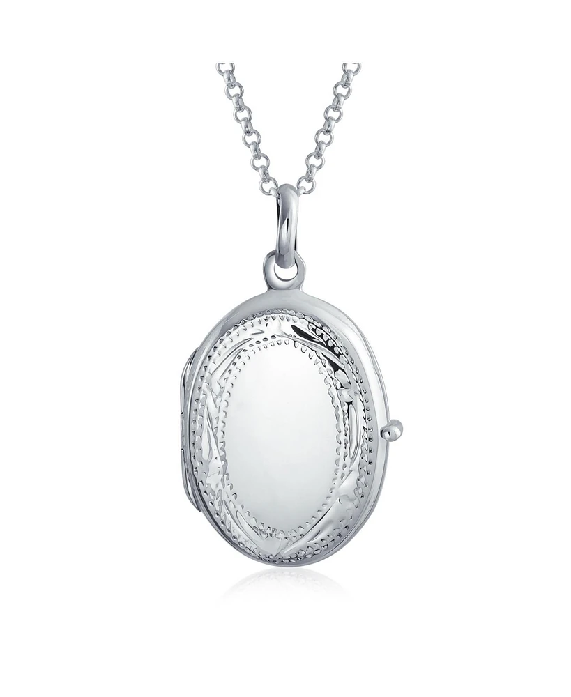 Bling Jewelry Etched Leaf Scroll Holds Two Memory Photo Picture Oval Locket For Women Sterling Silver Pendant Necklace