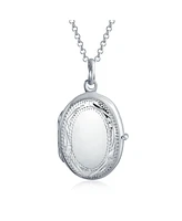 Bling Jewelry Etched Leaf Scroll Holds Two Memory Photo Picture Oval Locket For Women .925 Sterling Silver Pendant Necklace