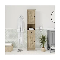 Merrick Lane Delilah Slim Linen Tower Organizer With Storage Drawer, Upper And Lower Cabinets Magnetic Closure Doors Open Shelf