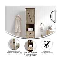 Merrick Lane Delilah Slim Linen Tower Organizer With Storage Drawer, Upper And Lower Cabinets Magnetic Closure Doors Open Shelf