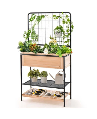 Costway 59" Raised Wooden Garden Bed with Metal Trellis Open Storage Shelves Drain Holes