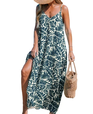 Cupshe Women's Blue Tropical Sleeveless V-Neck Maxi Beach Dress