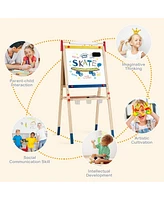 Sugift All-in-One Wooden Height Adjustable Kid's Art Easel with Magnetic Stickers and Paper