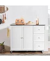 Sugift Kitchen Island 2-Door Storage Cabinet with Drawers and Stainless Steel Top