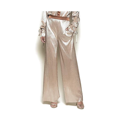 Terese Sydonna Women's Wide-Leg Rose Gold Pleated Tuxedo Pant With Pockets