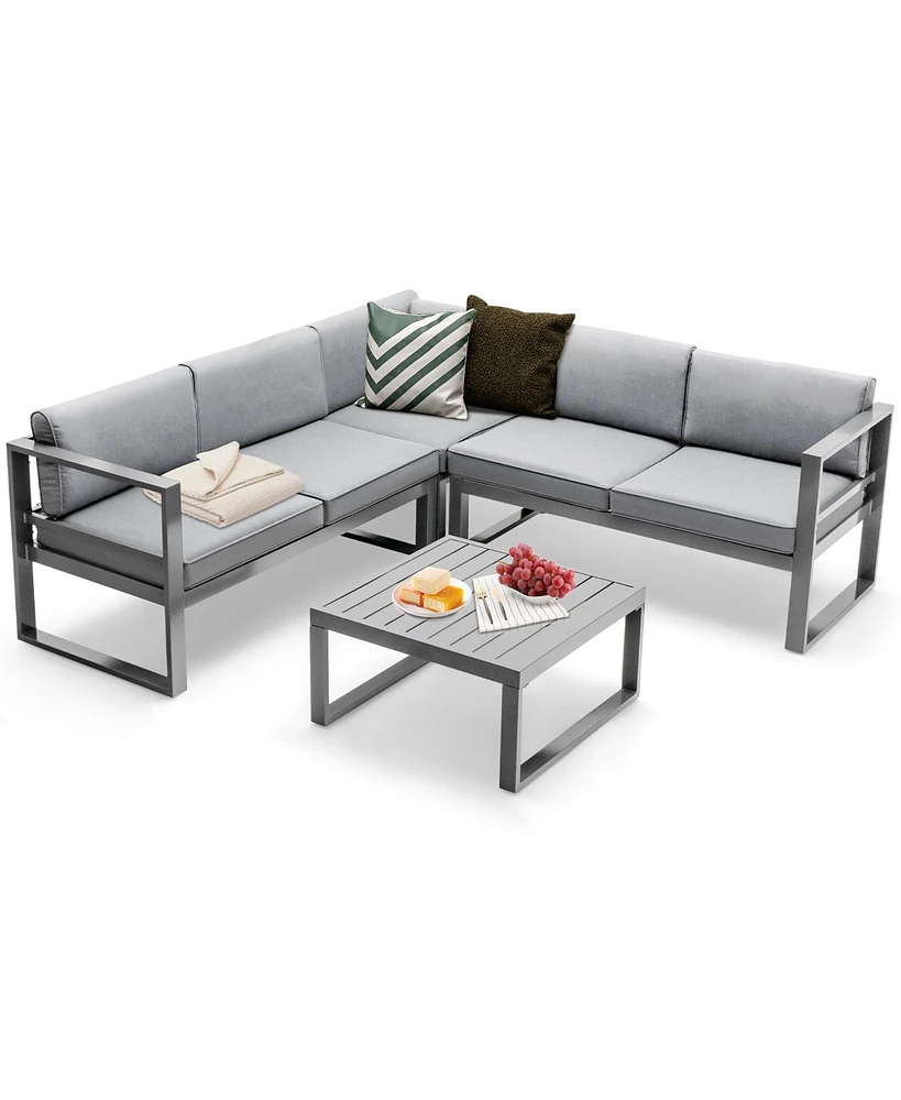 Gymax 4PCS Aluminum Outdoor Conversation Set Patio Furniture Set w/ Coffee Table & Cushions Gray