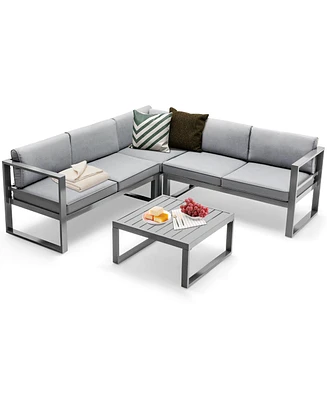 Gymax 4PCS Aluminum Outdoor Conversation Set Patio Furniture Set w/ Coffee Table & Cushions Gray