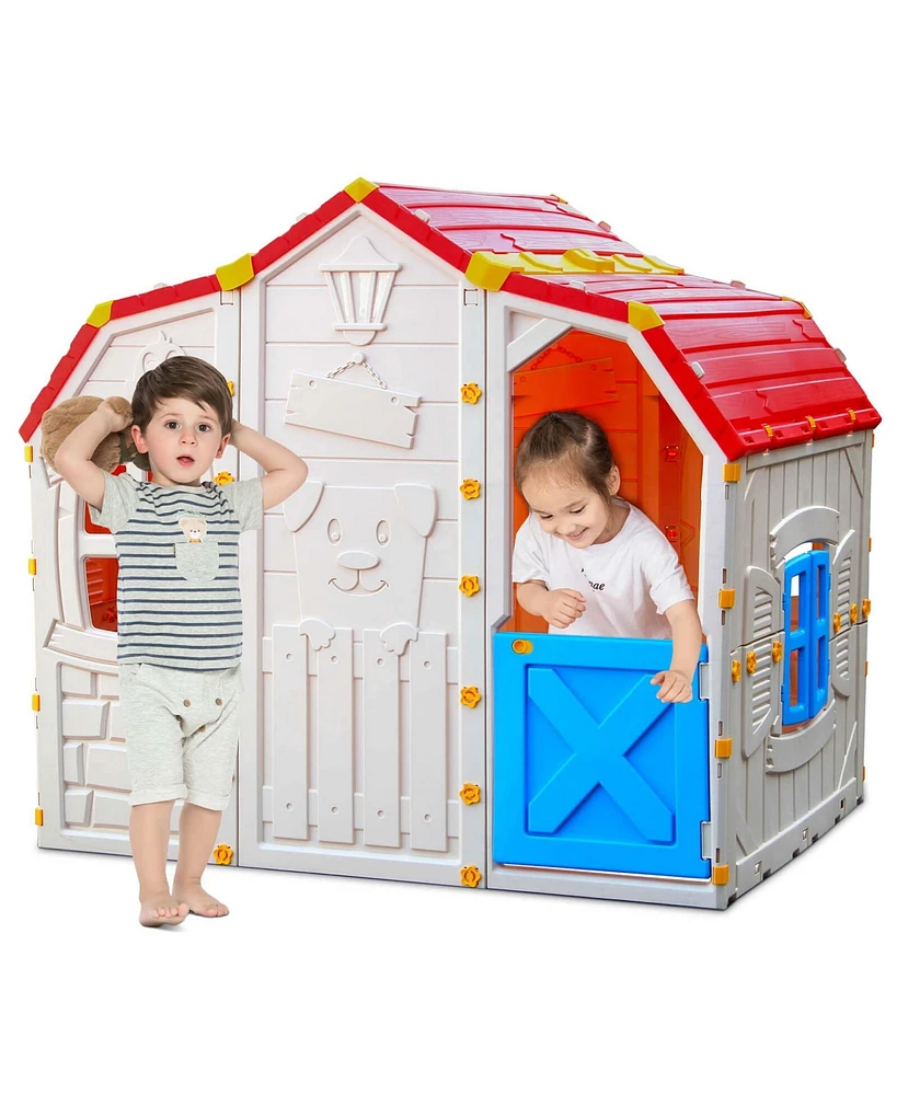 Costway Kids Playhouse Realistic Cottage Playhouse with Openable Windows & Working Door