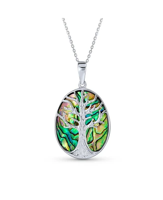 Bling Jewelry Rainbow Abalone Shell Large Oval Wishing Tree Family Tree Of Life Pendant Necklace Western Jewelry For Women .925 Sterling Silver