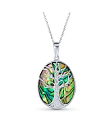 Bling Jewelry Rainbow Abalone Shell Large Oval Wishing Tree Family Tree Of Life Pendant Necklace For Women Sterling Silver