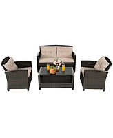 Gymax 4pcs Patio Rattan Conversation Set Cushioned Outdoor Furniture Set