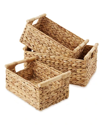 Casafield (Set of 3) Water Hyacinth Rectangular Storage Baskets with Wooden Handles - Small, Medium, Large Woven Nesting Baskets - Natural