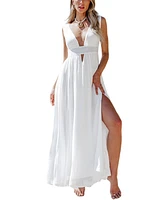 Cupshe Women's White Plunging Smocked Keyhole Maxi Beach Dress