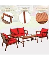 Sugift 4 Pieces Acacia Wood Patio Rattan Furniture Set with Cushions