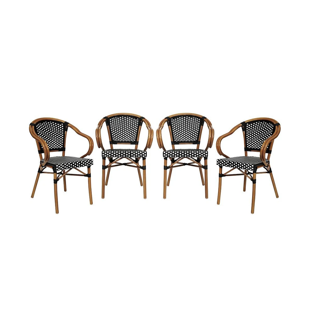 Merrick Lane Sacha Set Of Four Stacking Thonet Bistro Style Chair With Arms, Pe Rattan Seat, And Bamboo Metal Frame For Indoor/Outdoor Use