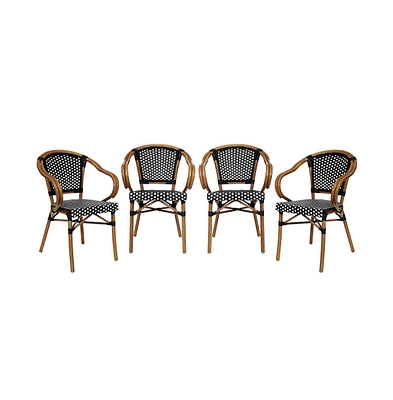 Merrick Lane Sacha Set Of Four Stacking Thonet Bistro Style Chair With Arms, Pe Rattan Seat, And Bamboo Metal Frame For Indoor/Outdoor Use