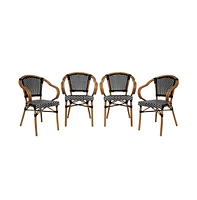 Merrick Lane Sacha Set Of Four Stacking Thonet Bistro Style Chair With Arms, Pe Rattan Seat, And Bamboo Metal Frame For Indoor/Outdoor Use