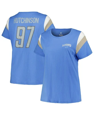 Fanatics Women's Aidan Hutchinson Blue Detroit Lions Plus Sleeve Stripe Name Number T-Shirt