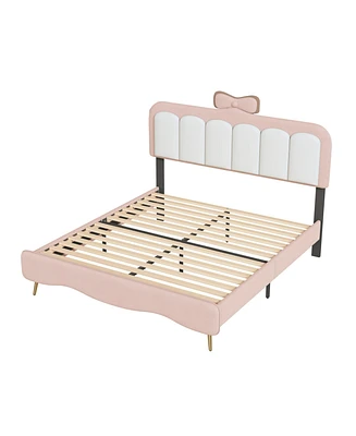 Simplie Fun Full Size Pink Velvet Platform Bed With Bow-Knot Headboard