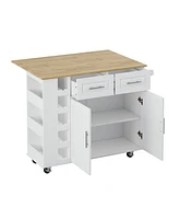 Simplie Fun White Kitchen Island Cart with Storage and Foldable Table