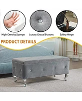 Streamdale Furniture Grey Tufted Storage Ottoman Bench With Crystal Buttons