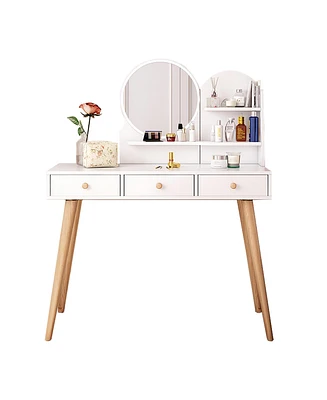 Simplie Fun White Vanity Desk with Mirror, Lights, 3 Drawers