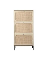 Simplie Fun Natural Rattan 3 Door Shoe Rack, Freestanding Modern Shoe Storage Cabinet, For Entryway