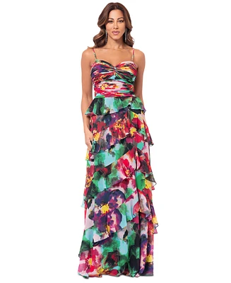 Xscape Women's Printed Tiered Ruffle-Trim Long Dress