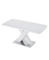 Simplie Fun Modern Square Dining Table, Stretchable, White Table Top+Mdf X-Shape Table Leg With Metal Base