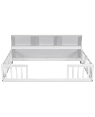 Simplie Fun Full Floor Bed With Side Bookcase, Shelves, Guardrails, White