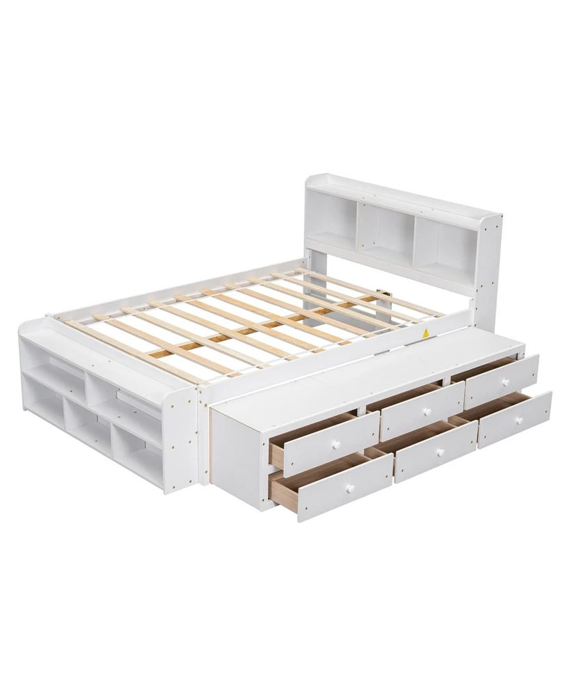 Simplie Fun Full Bed With Bookcase Headboard, Under Bed Storage Drawers And Bed End Storage Case, White