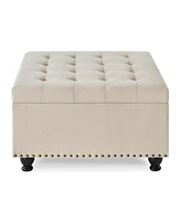 Beige upholstered storage ottoman with wooden legs