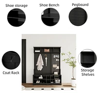 Black Hall Tree with Shoe Bench and Coat Rack