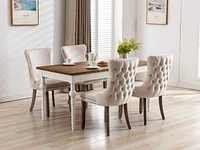 2 Beige Wingback Dining Chairs with Nailhead Trim & Wood Legs