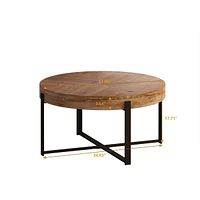 33.86"Modern Retro Splicing Round Coffee Table, Fir Wood Table Top With Black Cross Legs Base
