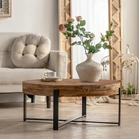 31.29"Modern Retro Splicing Round Coffee Table, Fir Wood Table Top With Black Cross Legs Base